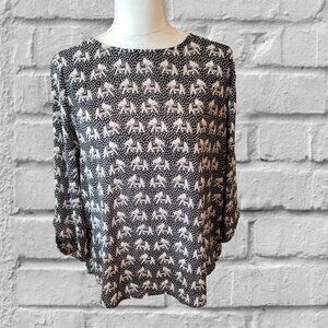 Pixley Long Sleeve Black and White Elephant Print Blouse in Size Medium